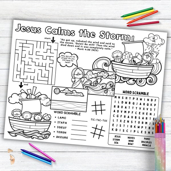 Jesus Calms the Storm Activity Placemat, Jesus Bible Story Coloring Placemat as Kids Activity for Sunday School or Homeschooling