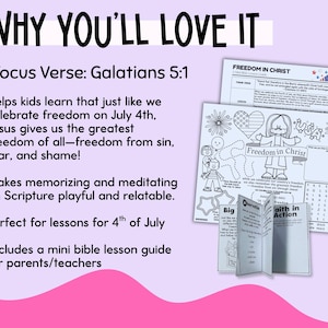 K&ouml;nnte beinhalten: Eine farbenfrohe Bildungsressource mit dem Text "WHY YOU'LL LOVE IT" und "FREEDOM IN CHRIST". Enth&auml;lt Arbeitsbl&auml;tter und einen Mini-Bibel-Lektionsf&uuml;hrer. Das Bild zeigt einen rosa-violetten Hintergrund mit dem Text "Focus Verse: Galatians 5:1."