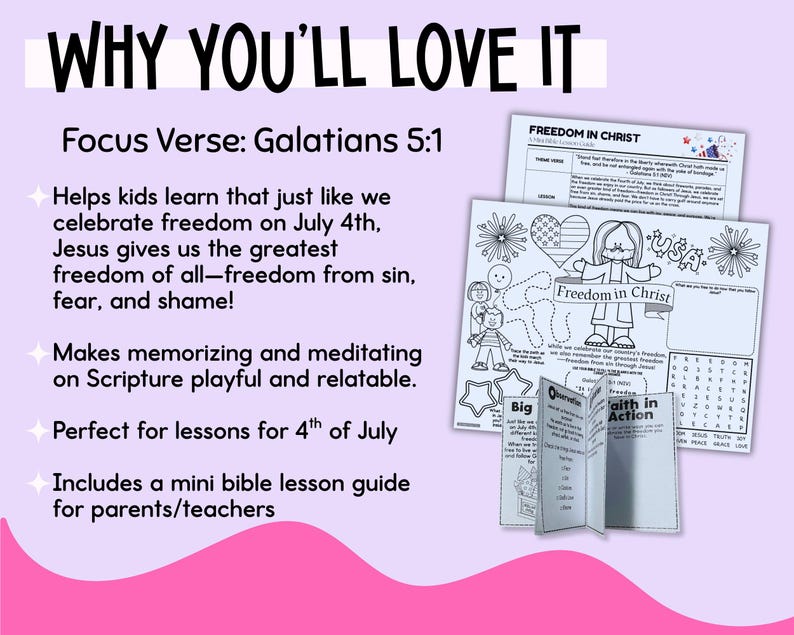 K&ouml;nnte beinhalten: Eine farbenfrohe Bildungsressource mit dem Text "WHY YOU'LL LOVE IT" und "FREEDOM IN CHRIST". Enth&auml;lt Arbeitsbl&auml;tter und einen Mini-Bibel-Lektionsf&uuml;hrer. Das Bild zeigt einen rosa-violetten Hintergrund mit dem Text "Focus Verse: Galatians 5:1."