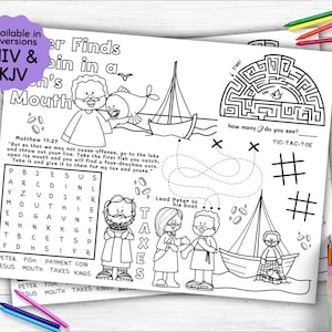 Mantel individual con la actividad de Pedro encuentra una moneda en la boca de un pez, mantel individual para colorear con la historia bíblica como actividad para niños en la escuela dominical o en la educación en el hogar