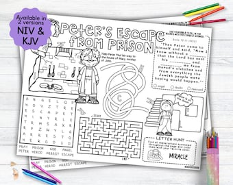 May include: Black and white activity sheet titled "Peter's Escape From Prison" with a maze, word search, and fill-in-the-blank questions. Includes illustrations of Peter, an angel, and a woman at a door. Available in NIV & KJV versions.