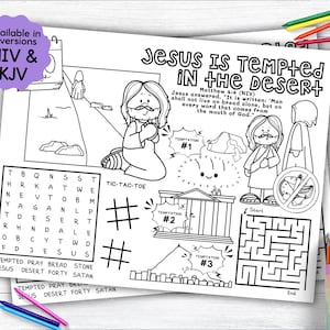 Mantel individual de actividades "Jesús es tentado en el desierto", mantel individual para colorear con la historia bíblica como actividad para niños en la escuela dominical o la educación en el hogar