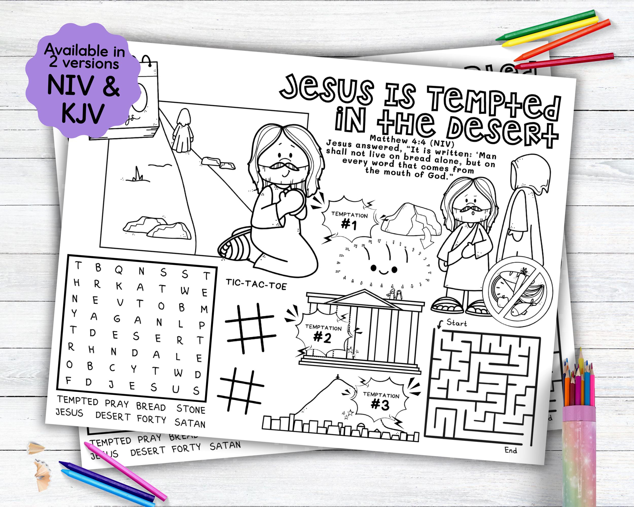 Napperon d'activité Jésus est tenté dans le désert, napperon à colorier histoire biblique comme activité pour enfants à l'école du dimanche ou à la maison