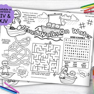 May include: A black and white printable coloring page featuring a maze, word search, and illustrations of Jesus walking on water. The page includes the Bible verse Matthew 14:25 (NIV) "Shortly before dawn, Jesus went out to them, walking on the lake."