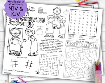 Parable of the Unforgiving Servant Activity Placemat, Bible Story Coloring Placemat as Kids Activity for Sunday School or Homeschooling