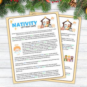 May include: Two-page Nativity Left Right Game with illustrations of the Nativity scene, angels, and the three wise men. The game's instructions are printed on the pages, with the title "Nativity Left Right Game" at the top.