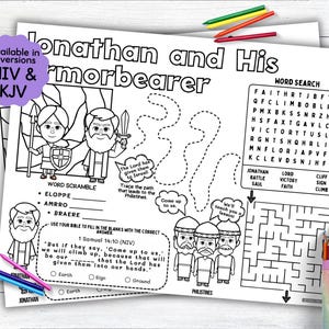 May include: Black and white activity sheet with the text "Jonathan and His Armorbearer" and various activities. Includes a word search, word scramble, maze, and fill-in-the-blank section. Features cartoon illustrations and the text "NIV & KJV".