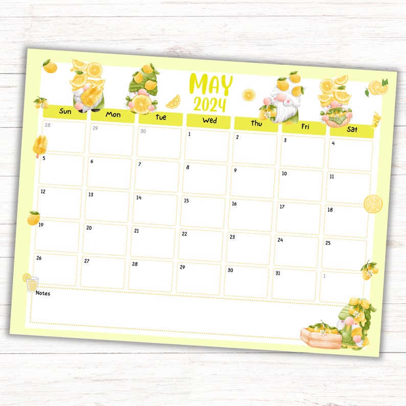 May 2024 Lemon Gnome Calendar, EDITABLE/FILLABLE Lemon Gnome Monthly