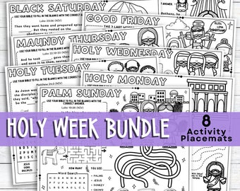 Easter Story Activity Placemats, Holy Week, Lenten Season Coloring Placemat as Kids Activity for Sunday School or Homeschooling