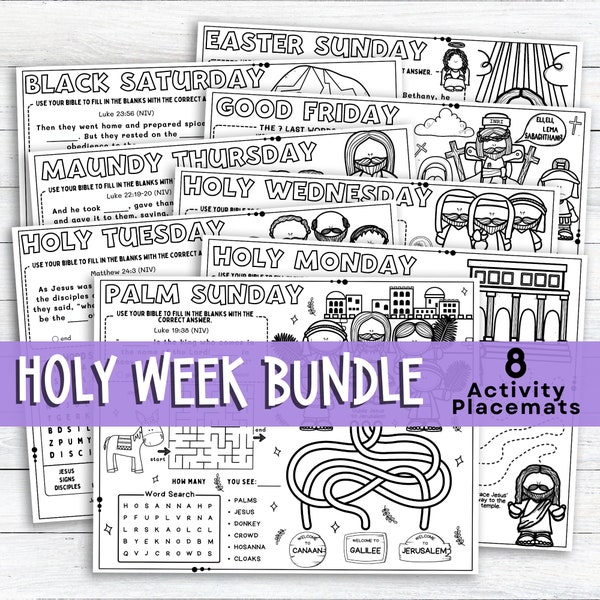 Easter Story Activity Placemats, Holy Week, Lenten Season Coloring Placemat as Kids Activity for Sunday School or Homeschooling