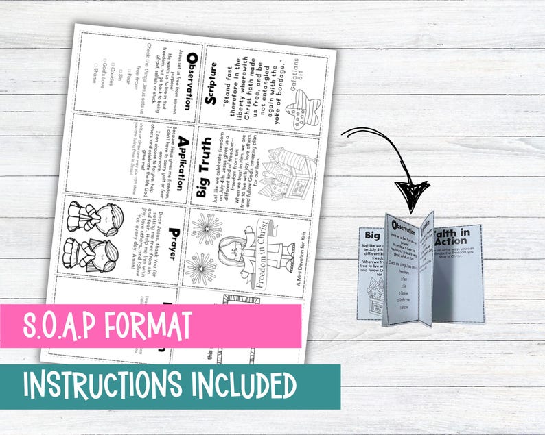 K&ouml;nnte beinhalten: Ein wei&szlig;es Papier mit schwarzem Text und Illustrationen, mit den Worten "S.O.A.P FORMAT" und "INSTRUCTIONS INCLUDED." Das Papier ist gefaltet, um ein B&uuml;chlein mit den Worten "Faith in Action" zu zeigen.