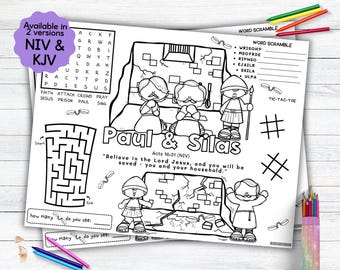 Jogo americano de atividades de Paulo e Silas, jogo americano para colorir histórias da Bíblia como atividade cristã para crianças na escola dominical ou educação domiciliar