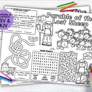 Parable of the Lost Sheep Activity Placemat, Jesus Bible Story Coloring Placemat as Kids Activity for Sunday School or Homeschooling