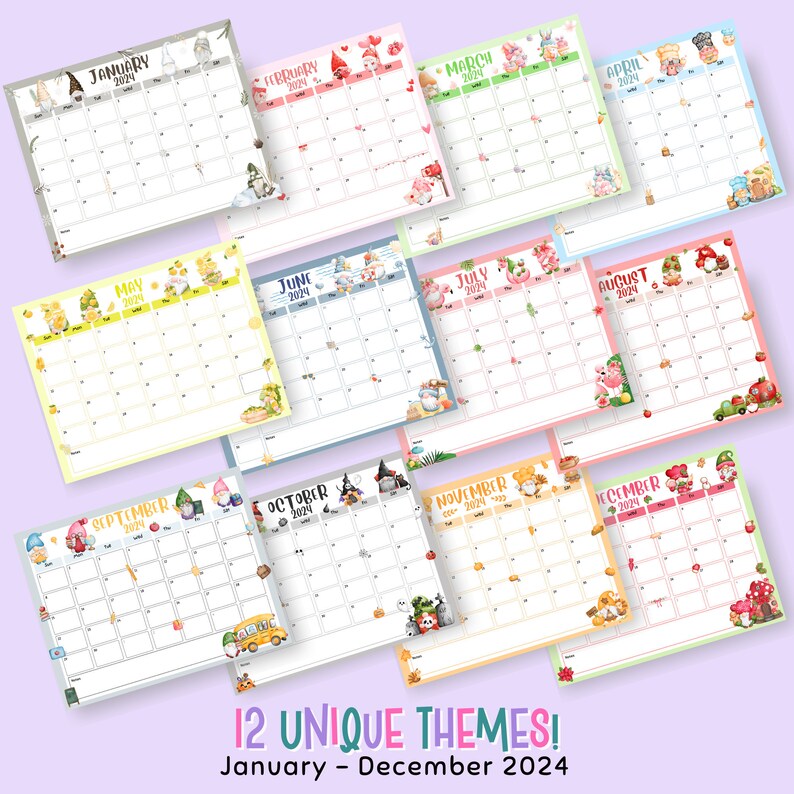 2024 Gnome Calendar Bundle, EDITABLE/FILLABLE Gnome Themed Monthly
