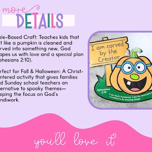 May include: A colorful pumpkin-themed craft with the text "I am carved by the Creator." The pumpkin has glasses and a smiling face. The image includes text about a Bible-based craft for families and teachers.