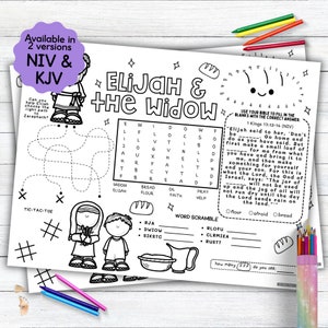 Elijah and the Widow Activity Placemat, Prophet Elijah Bible Story Coloring Placemat as Kids Activity for Sunday School or Homeschooling