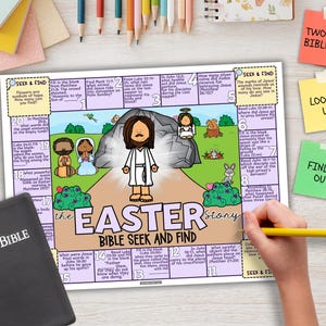 May include: A colorful Easter-themed Bible seek-and-find activity sheet with illustrations of Jesus, angels, and other biblical figures. The words "The Easter Story" are prominently displayed. A black Holy Bible is in the lower left corner.