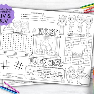 Fiery Furnace Activity Placemat, Story of Shadrach, Meshach Abednego Bible Coloring as Kids Activity for Sunday School or Homeschooling