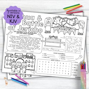 Joshua and the Battle of Jericho Activity Placemat, Bible Story Coloring Placemat as Kids Activity for Sunday School or Homeschooling