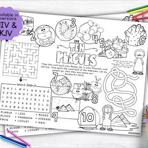 May include: A black and white printable coloring page featuring the Ten Plagues of Egypt. The page includes a word search, a maze, and illustrations of each plague. The text "The Ten Plagues" is written in a large font at the top of the page. The Bible verse Exodus 9:1 (KJV) is also included.