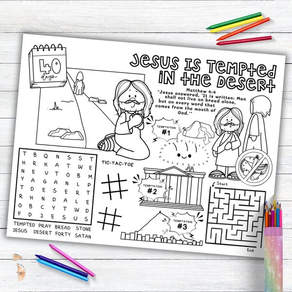 Jesus is Tempted in the Desert Activity Placemat, Bible Story Coloring Placemat as Kids Activity for Sunday School or Homeschooling