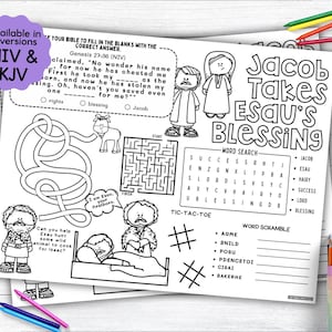 Jacob Takes Esau&#39;s Blessing Activity Placemat, Bible Story Coloring Placemat as Christian Kids Activity for Sunday School or Homeschooling