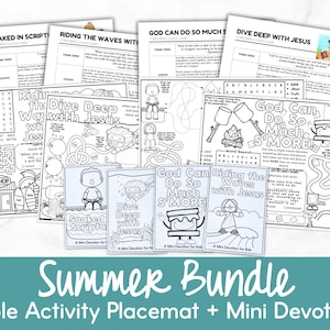 May include: A collection of black and white Bible activity placemats and mini devotionals. The placemats feature mazes, word searches, and coloring pages with themes like surfing and s'mores. The title "Summer Bundle" is displayed at the bottom.