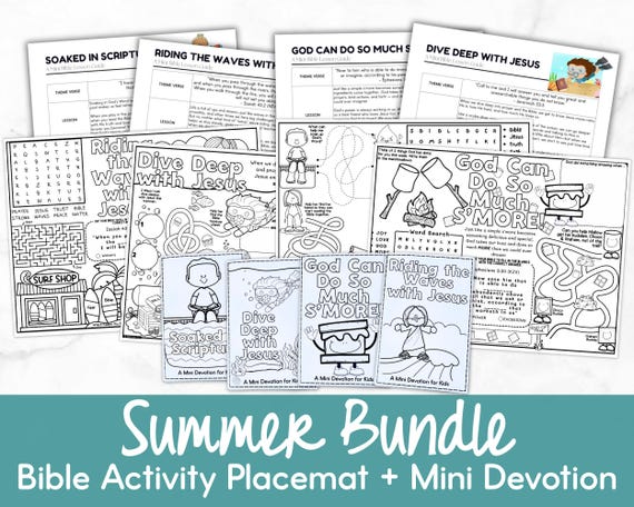 Summer Bundle Bible Activity Set for Kids, Bible Lesson + Printable Activity Placemat + Devotion Booklet (SOAP Method) for Sunday School