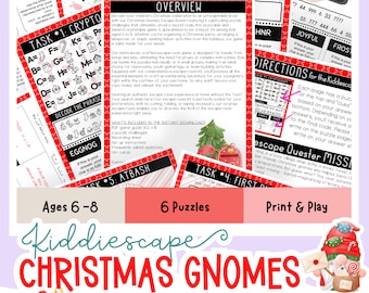 May include: Printable Christmas Gnomes Escape Room for kids ages 6-8. This escape room game features six puzzles with a festive gnome theme. The game includes a printable PDF guide, puzzle challenges, recording sheets, set-up instructions, frequently asked questions, and hint cards.