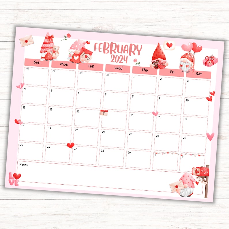 February 2024 Valentines Gnome Calendar, EDITABLE/FILLABLE Valentines