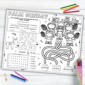 Palm Sunday Activity Placemat, Holy Week, Lenten Season Coloring Placemat as Kids Activity for Sunday School or Homeschooling