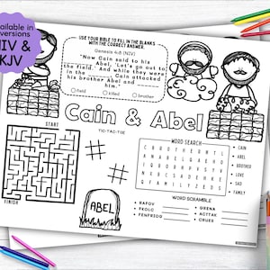 May include: Black and white printable worksheet featuring a maze, tic-tac-toe game, word search, and word scramble. The worksheet is based on the Bible story of Cain and Abel. The text on the worksheet includes "Cain & Abel", "Word Search", "Word Scramble", "Start", "Finish", and "Tic-Tac-Toe".