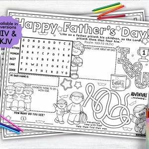 May include: Black and white Father's Day colouring pages with the text "Happy Father's Day!" and various activities. Includes a word search, maze, and space to write about Dad. Available in NIV & KJV versions.