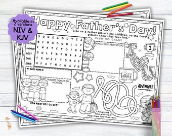 May include: Black and white Father's Day coloring pages with the text "Happy Father's Day!" and various activities. Includes a word search, maze, and space to write about Dad. Available in NIV & KJV versions.