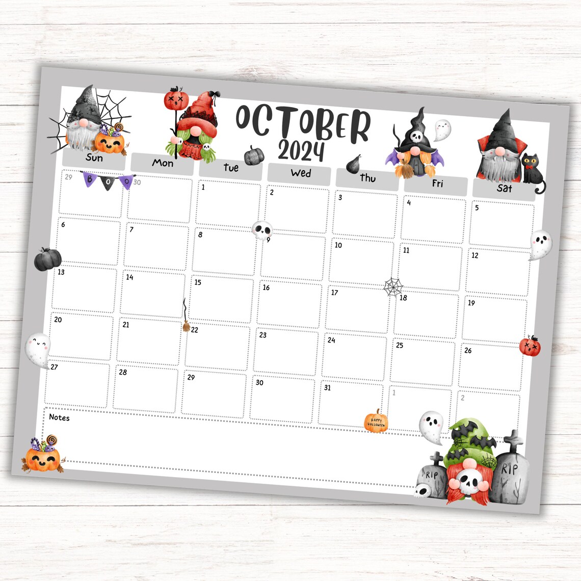 October 2024 Halloween Gnome Calendar, EDITABLE/FILLABLE Halloween