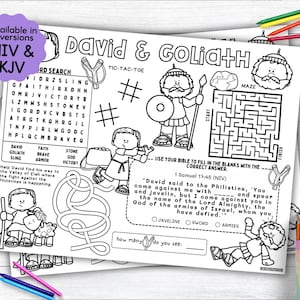 May include: A black and white printable coloring page featuring the story of David and Goliath. The page includes a word search, tic-tac-toe game, maze, and a Bible verse about David and Goliath. The page is designed for children to learn about the Bible story.