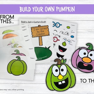 May include: A craft kit with the text "Build Your Own Pumpkin." The kit includes printed pumpkin shapes, facial features, and the text "I am carved by the Creator." The finished pumpkins are green and purple.