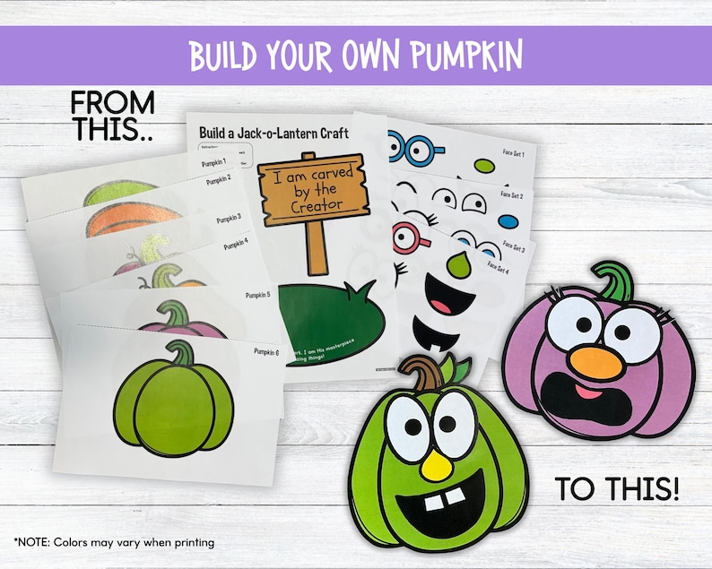 May include: A craft kit with the text "Build Your Own Pumpkin." The kit includes printed pumpkin shapes, facial features, and the text "I am carved by the Creator." The finished pumpkins are green and purple.