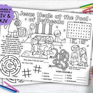 Jesus Heals at the Pool of Bethesda Activity Placemat, Bible Story Coloring Placemat as Kids Activity for Sunday School or Homeschooling