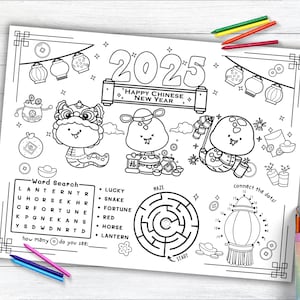 Year of the Snake Activity Placemat, Lunar New Year, Chinese New Year Coloring Placemat for Kids
