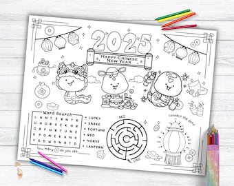 Year of the Snake Activity Placemat, Lunar New Year, Chinese New Year Coloring Placemat for Kids