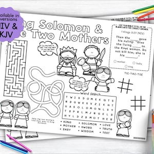 King Solomon and the Two Mothers Activity Placemat, Bible Story Coloring Placemat as Kids Activity for Sunday School or Homeschooling