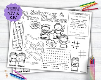 King Solomon and the Two Mothers Activity Placemat, Bible Story Coloring Placemat as Kids Activity for Sunday School or Homeschooling