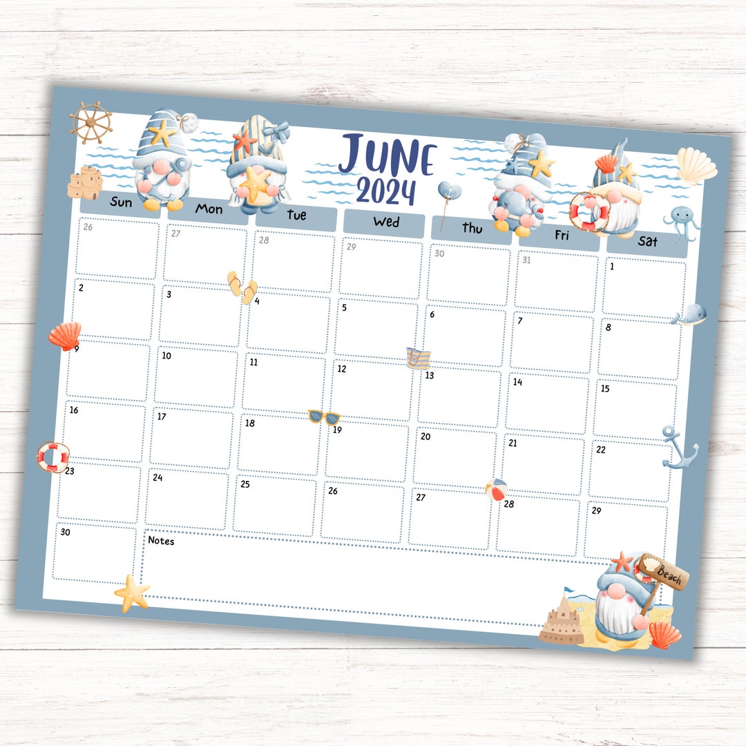 June 2024 Beach Gnome Calendar, Beach Gnome Monthly Calendar, Printable