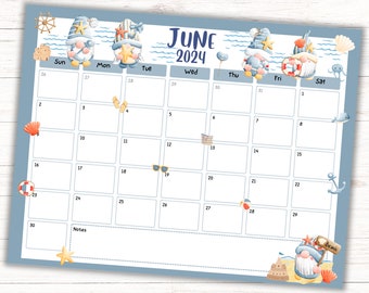 June 2024 Beach Gnome Calendar, Beach Gnome Monthly Calendar, Printable Calendar, Instant Download