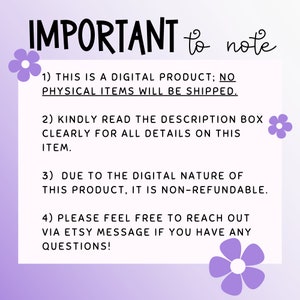 May include: Purple background with white text that reads "IMPORTANT to note" followed by four numbered points. The points explain that the product is a digital download, that the description should be read carefully, that the product is non-refundable, and that the buyer can contact the seller via Etsy message with any questions.