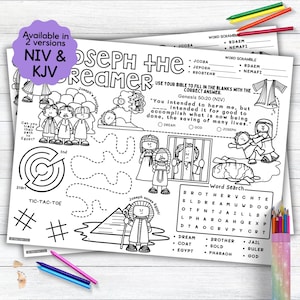 Puede incluir: Una página para colorear imprimible en blanco y negro con la historia bíblica de José. La página incluye un laberinto, un juego de tres en raya, una búsqueda de palabras y una actividad de completar los espacios en blanco. El texto en la página dice "José el Soñador" y "Tu intención era hacerme daño, pero lo hiciste para bien, para cumplir lo que ahora se está haciendo, la salvación de muchas vidas."