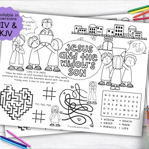 Peut inclure: Une page à colorier en noir et blanc représentant une scène de l'histoire biblique de Jésus ressuscitant le fils de la veuve. La page comprend un labyrinthe, un jeu de tic-tac-toe, une recherche de mots et un verset biblique de Luc 7:14. Le texte "Jésus et le fils de la veuve" est écrit en gros caractères en haut de la page.
