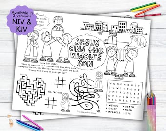 Puede incluir: Una página para colorear en blanco y negro que representa una escena de la historia bíblica de Jesús resucitando al hijo de la viuda. La página incluye un laberinto, un juego de tres en raya, una búsqueda de palabras y un versículo bíblico de Lucas 7:14. El texto "Jesús y el hijo de la viuda" está escrito en letras grandes en la parte superior de la página.