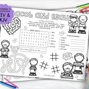 Jacob and Esau Activity Placemat, Bible Story Coloring Placemat as Christian Kids Activity for Sunday School or Homeschooling